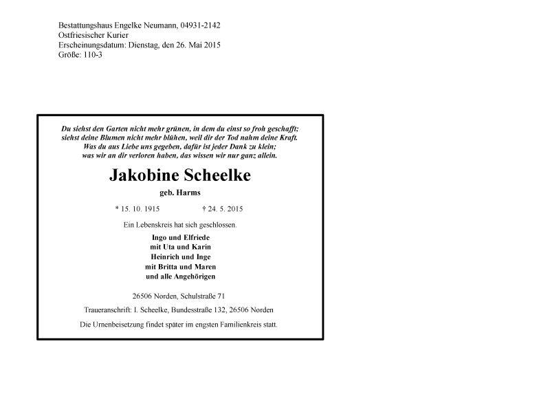  Traueranzeige für Jakobine Scheelke vom 26.05.2015 aus Ostfriesischer Kurier / Norderneyer Badezeitung