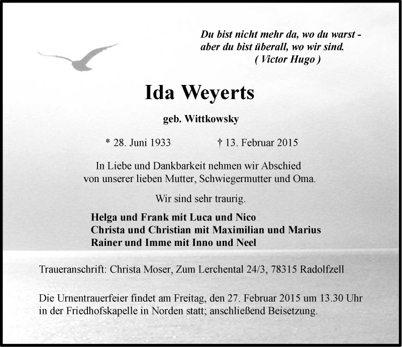  Traueranzeige für Ida Weyerts vom 21.02.2015 aus Ostfriesischer Kurier GmbH