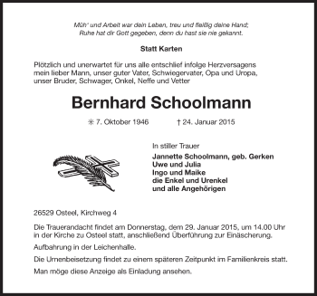 Traueranzeige von Bernhard Schoolmann von Ostfriesischer Kurier GmbH