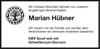 Traueranzeige von Marian Hübner von Ostfriesischer Kurier GmbH