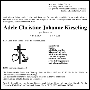 Traueranzeige von Adele Christine Johanne Kieseling von Ostfriesischer Kurier GmbH