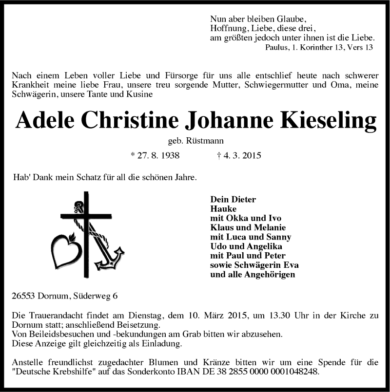  Traueranzeige für Adele Christine Johanne Kieseling vom 06.03.2015 aus Ostfriesischer Kurier GmbH