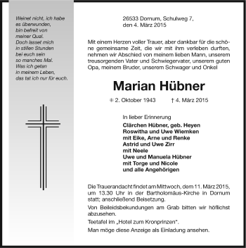 Traueranzeige von Marian Hübner von Ostfriesischer Kurier GmbH