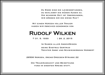 Traueranzeige von Rudolf Wilken von Ostfriesischer Kurier GmbH