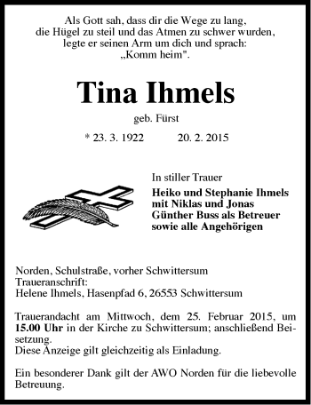 Traueranzeige von Tina Ihmels von Ostfriesischer Kurier GmbH