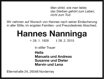 Traueranzeige von Hannes Nanninga von Ostfriesischer Kurier GmbH