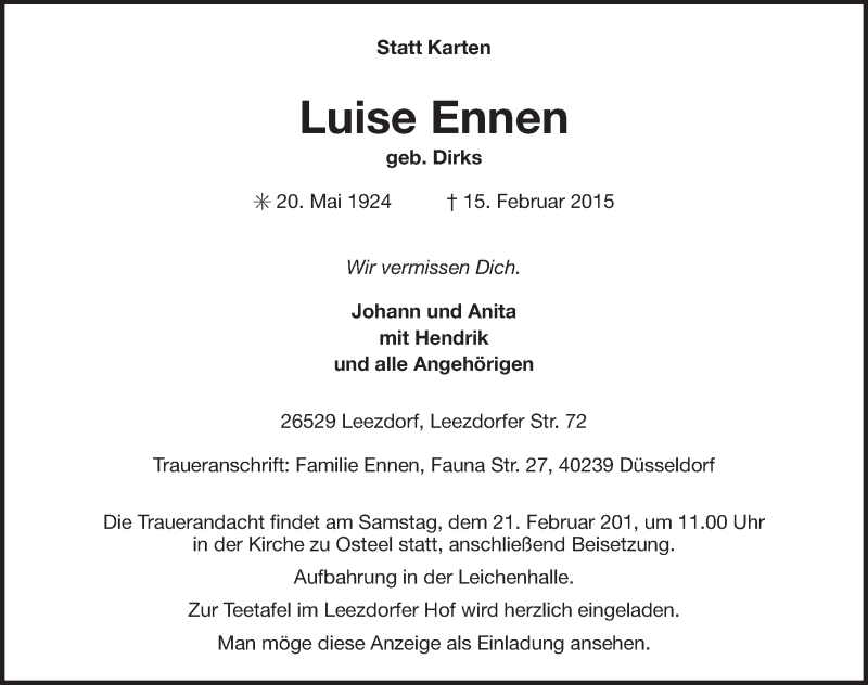  Traueranzeige für Luise Ennen vom 16.02.2015 aus Ostfriesischer Kurier GmbH