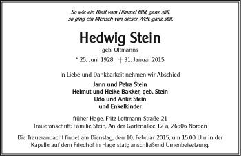 Traueranzeige von Hedwig Stein von Ostfriesischer Kurier GmbH