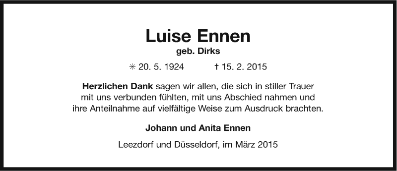  Traueranzeige für Luise Ennen vom 14.03.2015 aus Ostfriesischer Kurier GmbH