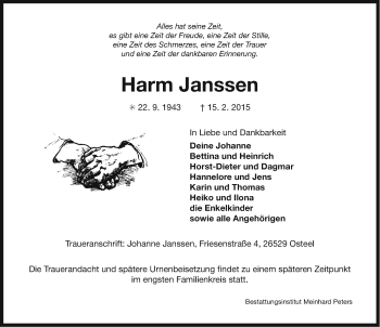 Traueranzeige von Harm Janssen von Ostfriesischer Kurier GmbH