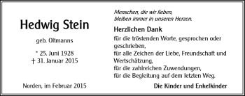 Traueranzeige von Hedwig Stein von Ostfriesischer Kurier GmbH