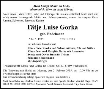 Traueranzeige von Tätje Luise Gorka von Ostfriesischer Kurier GmbH