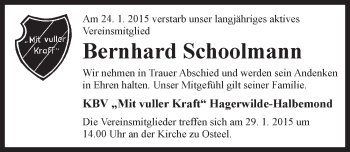 Traueranzeige von Bernhard Schoolmann von Ostfriesischer Kurier GmbH