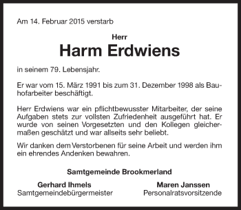 Traueranzeige von Harm Erdwiens von Ostfriesischer Kurier GmbH