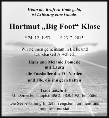 Traueranzeige von Hartmut Klose von Ostfriesischer Kurier / Norderneyer Badezeitung