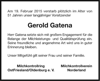 Traueranzeige von Gerold Gatena von Ostfriesischer Kurier GmbH