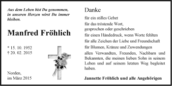 Traueranzeige von Manfred Fröhlich von Ostfriesischer Kurier GmbH
