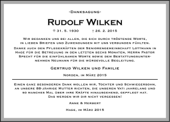 Traueranzeige von Rudolf Wilken von Ostfriesischer Kurier GmbH