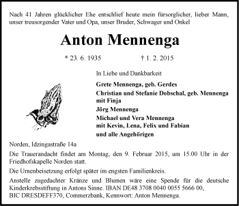 Traueranzeige von Anton Mennenga von Ostfriesischer Kurier GmbH