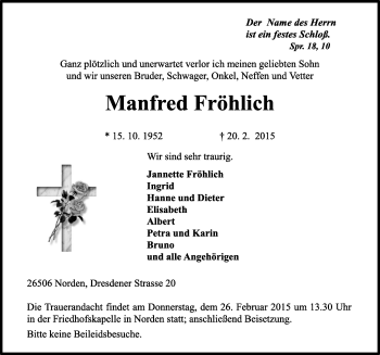 Traueranzeige von Manfred Fröhlich von Ostfriesischer Kurier GmbH