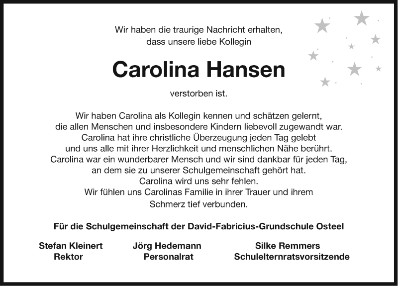  Traueranzeige für Carolina Hansen vom 19.02.2015 aus Ostfriesischer Kurier GmbH