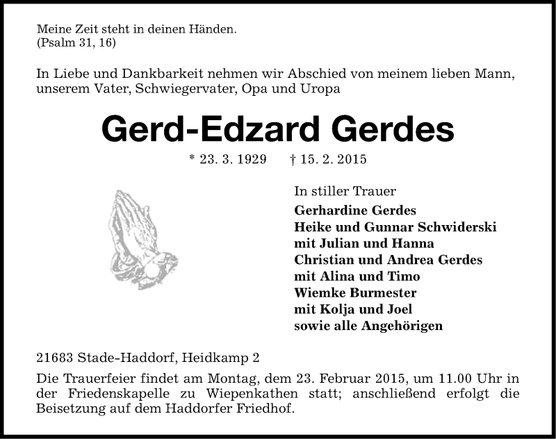  Traueranzeige für Gerd-Edzard Gerdes vom 17.02.2015 aus Ostfriesischer Kurier GmbH