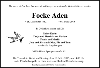 Traueranzeige von Focke Aden von Ostfriesischer Kurier GmbH