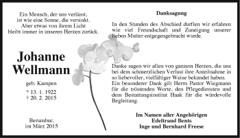 Traueranzeige von Johanne Wellmann von Ostfriesischer Kurier GmbH