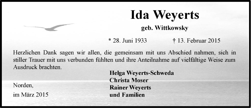  Traueranzeige für Ida Weyerts vom 21.03.2015 aus Ostfriesischer Kurier GmbH