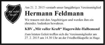 Traueranzeige von Hermann Feldmann von Ostfriesischer Kurier GmbH