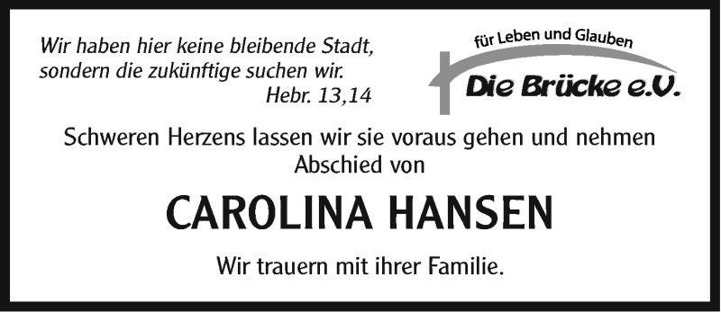  Traueranzeige für Carolina Hansen vom 21.02.2015 aus Ostfriesischer Kurier GmbH