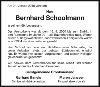 Traueranzeige von Bernhard Schoolmann von Ostfriesischer Kurier GmbH