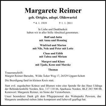 Traueranzeige von Margarete Reimer von Ostfriesischer Kurier GmbH