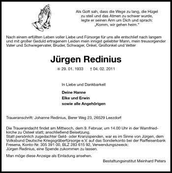Traueranzeige von Jürgen Redinius von Ostfriesischer Kurier GmbH