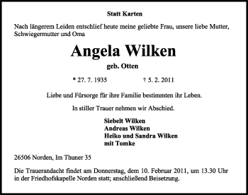 Traueranzeige von Angela Wilken von Ostfriesischer Kurier GmbH
