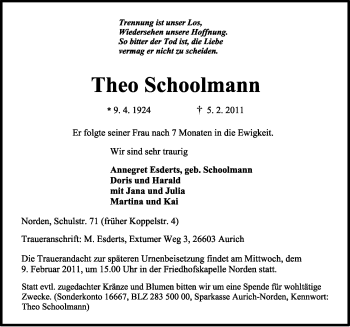 Traueranzeige von Theo Schoolmann von Ostfriesischer Kurier GmbH
