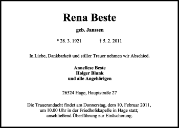 Traueranzeige von Rena Beste von Ostfriesischer Kurier GmbH