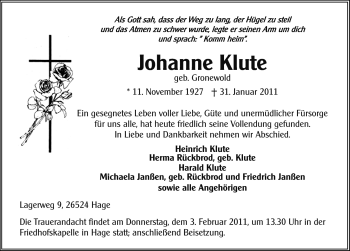 Traueranzeige von Johanne Klute von Ostfriesischer Kurier GmbH