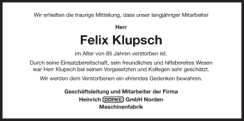 Traueranzeige von Felix Klupsch von Ostfriesischer Kurier / Norderneyer Badezeitung