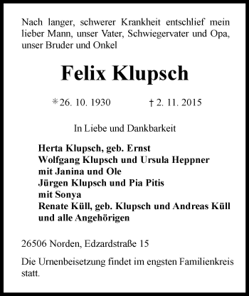 Traueranzeige von Felix Klupsch von Ostfriesischer Kurier / Norderneyer Badezeitung