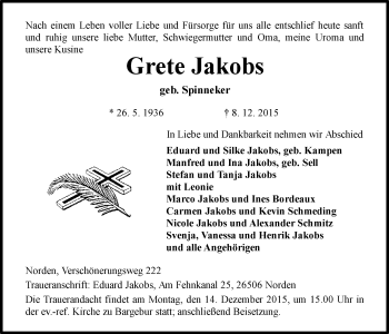 Traueranzeige von Grete Jakobs von Ostfriesischer Kurier GmbH