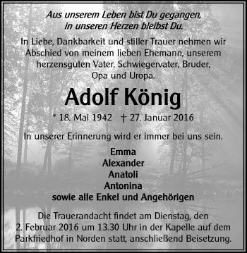 Traueranzeige von Adolf König von Ostfriesischer Kurier GmbH