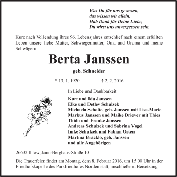 Traueranzeige von Berta Janssen von Ostfriesischer Kurier GmbH