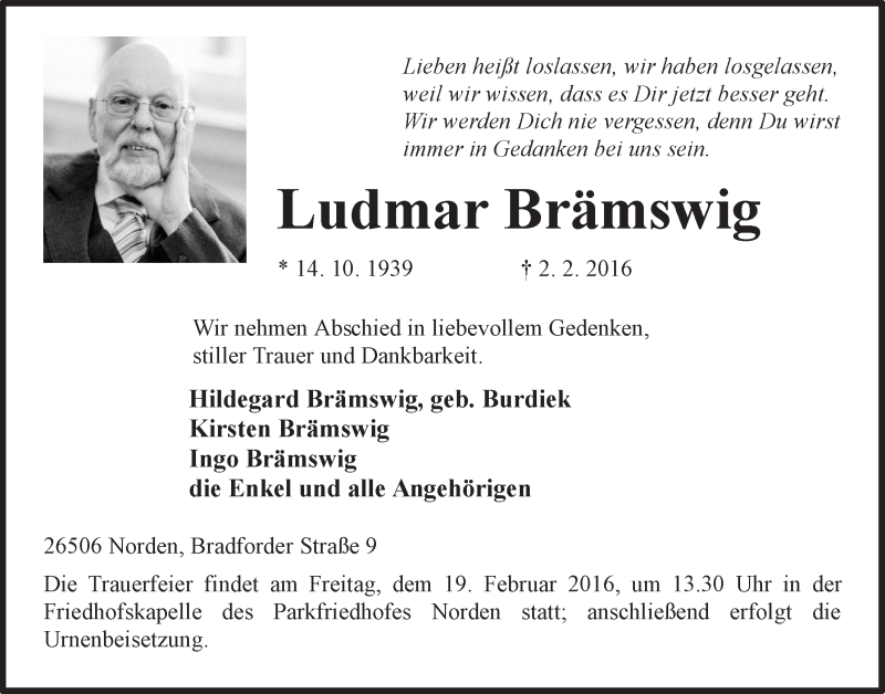  Traueranzeige für Ludmar Brämswig vom 04.02.2016 aus Ostfriesischer Kurier GmbH