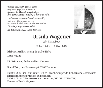 Traueranzeige von Ursula Wagener von Ostfriesischer Kurier GmbH