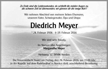Traueranzeige von Diedrich Meyer von Ostfriesischer Kurier GmbH
