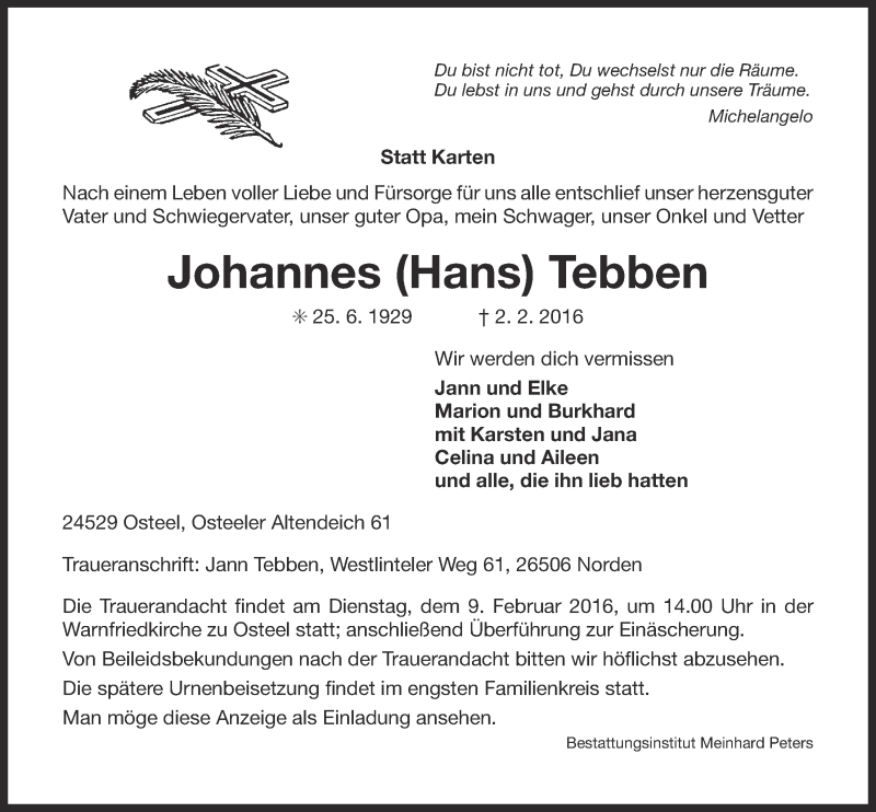  Traueranzeige für Johannes Tebben vom 04.02.2016 aus Ostfriesischer Kurier GmbH