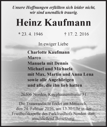 Traueranzeige von Heinz Kaufmann von Ostfriesischer Kurier GmbH