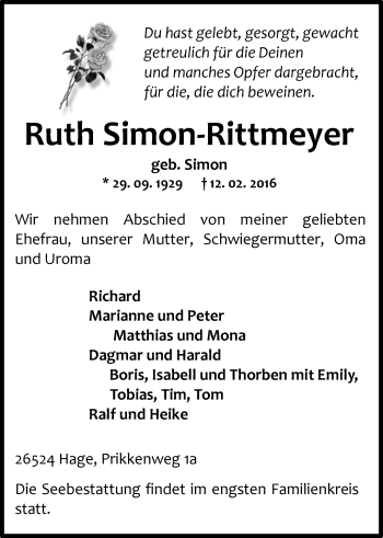 Traueranzeige von Ruth Simon-Rittmeyer von Ostfriesischer Kurier GmbH
