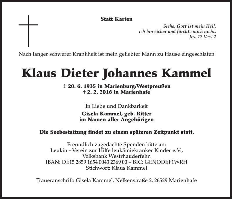  Traueranzeige für Klaus Dieter Johannes Kammel vom 13.02.2016 aus Ostfriesischer Kurier GmbH